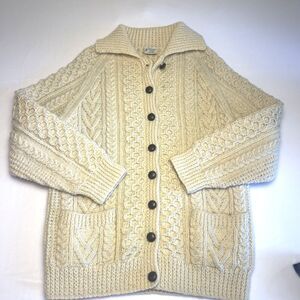 Irish Aran Hand Knit 100% Wool Cable Knit Cardigan Sweater Ivory Fisherman LARGE